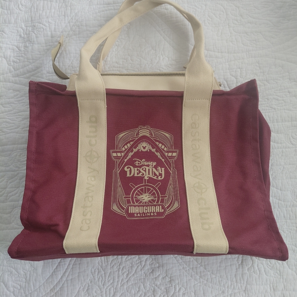 Disney Maroon and Cream Canvas Duffel Tote - Castaway Club Destiny Design